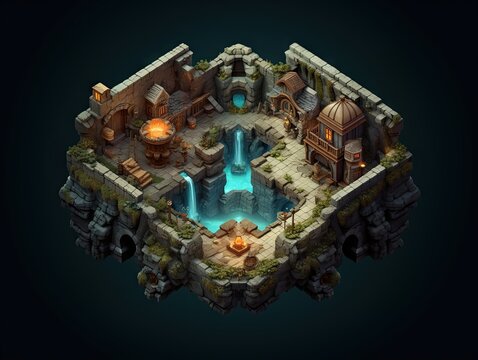 Game level design mobile app mockup magic pirates islands inspired by heroic fantasy with rocks and mines, reworked and enhanced ai generated mattepainting illustration