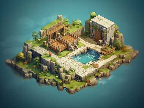 game level design mobile app mockup inspired by heroic fantasy with rocks and mines, reworked and enhanced ai generated mattepainting illustration