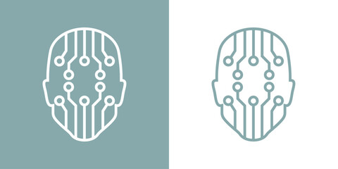 Icono inteligencia artificial. Logo silueta de cabeza humana lineal con conexiones de red - obrazy, fototapety, plakaty