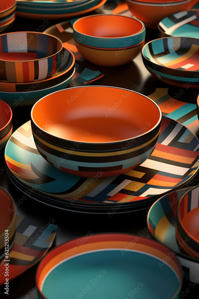Poster a set of geometric-inspired tableware, with plates, bowls, and serving dishes featuring geometric pa