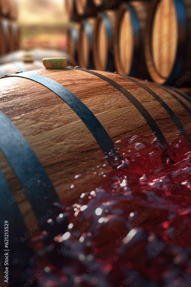 Poster a close-up shot of a wine barrel being rolled into a cellar, capturing the raw and physical aspect o