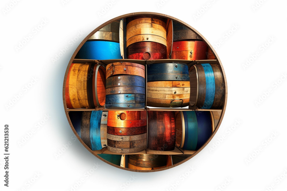 Fototapete a collage artwork created using cutouts of wine barrel images, arranging them in an abstract and vis