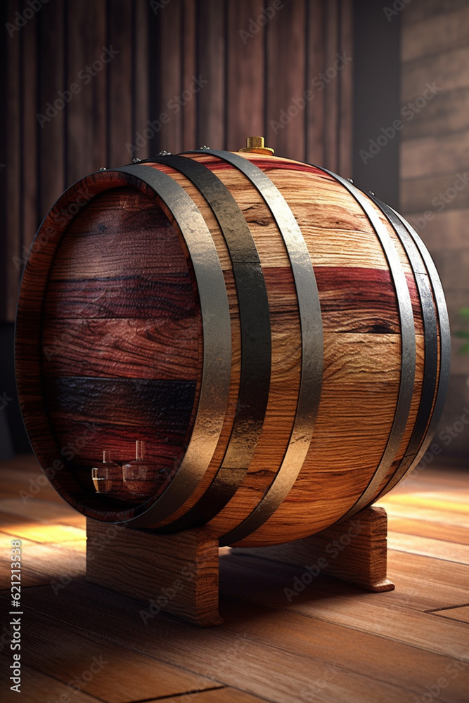 Aufkleber a wine barrel, showcasing its details and textures with a realistic and immersive approach.  Generative AI technology.
