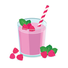 Vector stylized image of raspberry milkshake with mint and drinking straw and raspberries isolated on white background for decoration of cafe, bars, restaurant menu, print on clothes, tattoo