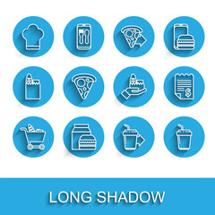 Set line Shopping cart and food, Online ordering burger delivery, Chef hat, Coffee cup to go, Slice pizza, Paper financial check and icon. Vector