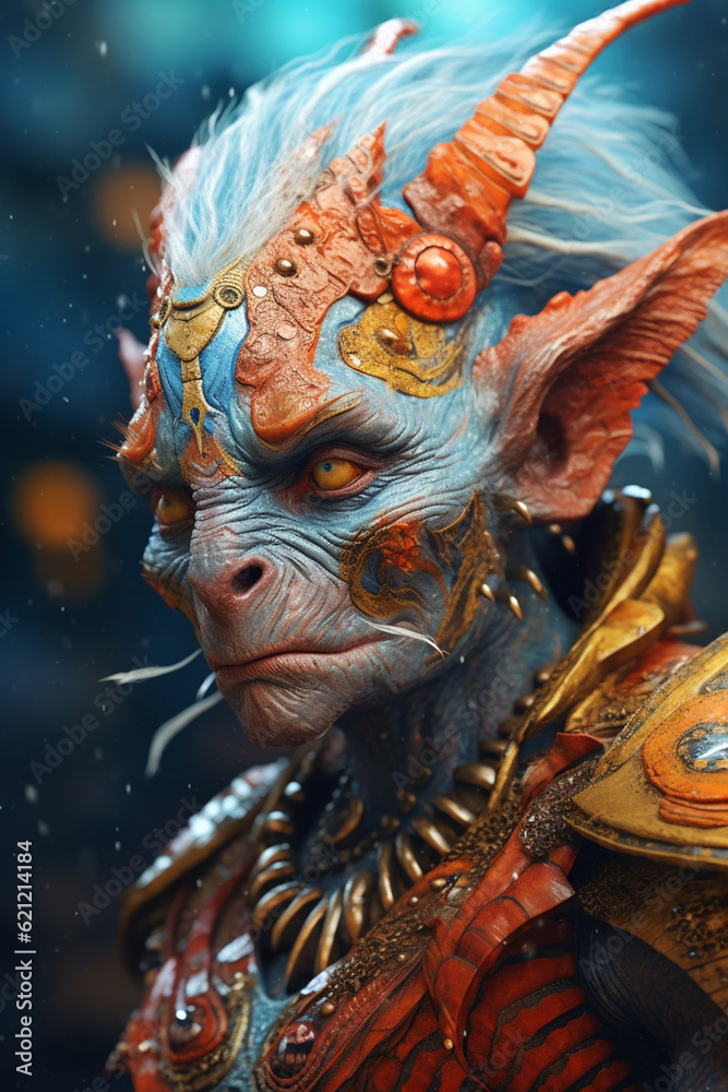 Poster a digital art illustration of a fantastical character or creature, combining elements of mythology, 