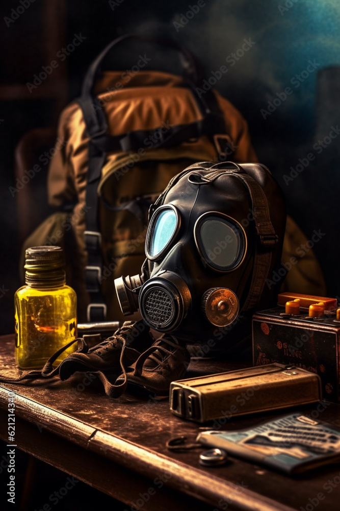 Poster An image of a gas mask displayed on a table alongside other survival gear, creating a sense of preparedness and urgency.  Generative AI technology.