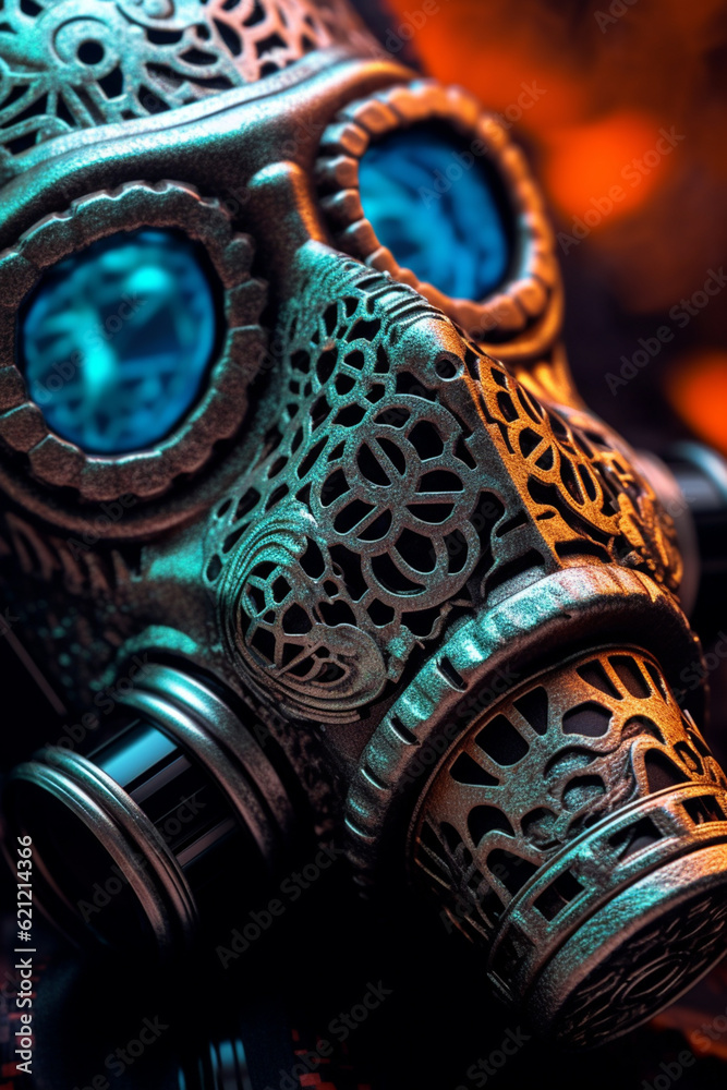 Leinwandbilder A close-up image of a gas mask, highlighting the intricate details of the design and the filters attached to it.  Generative AI technology.