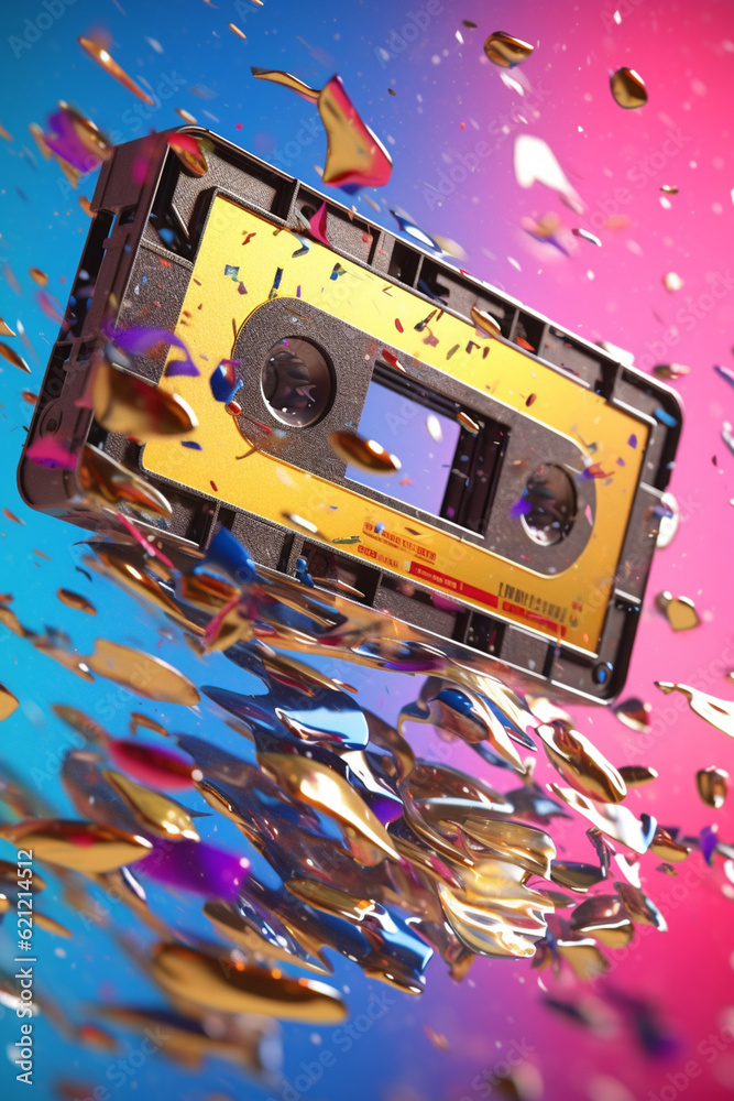 Fototapete A photograph of a cassette tape being ejected from a player, capturing the anticipation and excitement of switching between tapes.  Generative AI technology.
