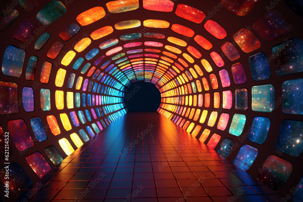 Poster An aerial view of a tunnel with programmable LED lights embedded in the walls, forming captivating patterns and designs.  Generative AI technology.