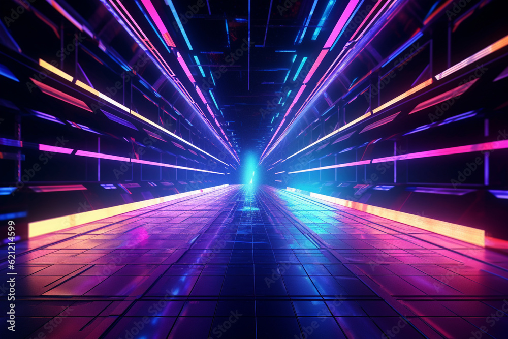 Aufkleber A photograph of a tunnel lit up with neon lights, creating a vibrant and surreal ambiance. Generative AI technology.
