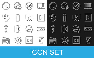 Set line Drum, Play in square, Speaker mute, USB flash drive, Musical note human head, Vinyl disk and speech bubble icon. Vector