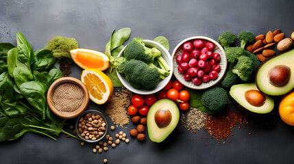 Fototapeta na wymiar Healthy food clean eating selection: fruit, vegetable, seeds, superfood, cereal, leaf vegetable on gray concrete background