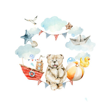 Watercolor nursery frame with cartoon character. Hand painted cute baby animal, happy bear, toys, clouds, nautical, sea. Summer travel card, illustration for baby shower design, kids print, trip