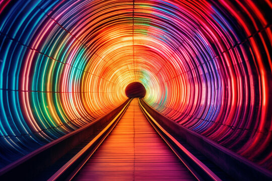 An immersive photograph of a tunnel illuminated with vibrant and dynamic colors, creating a mesmerizing light show.  Generative AI technology.