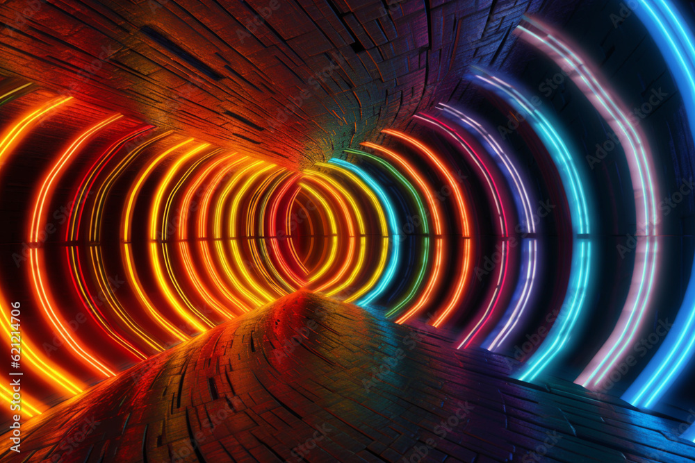 Leinwandbilder An abstract photograph of a tunnel with intersecting lines of colored light, forming a mesmerizing and intricate pattern.  Generative AI technology.