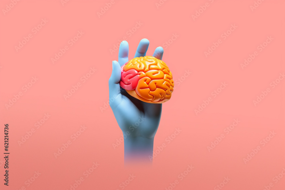 Poster A minimalist illustration of a hand with a simple outline of a brain in its palm, conveying the idea of intellectual capacity and knowledge.  Generative AI technology.