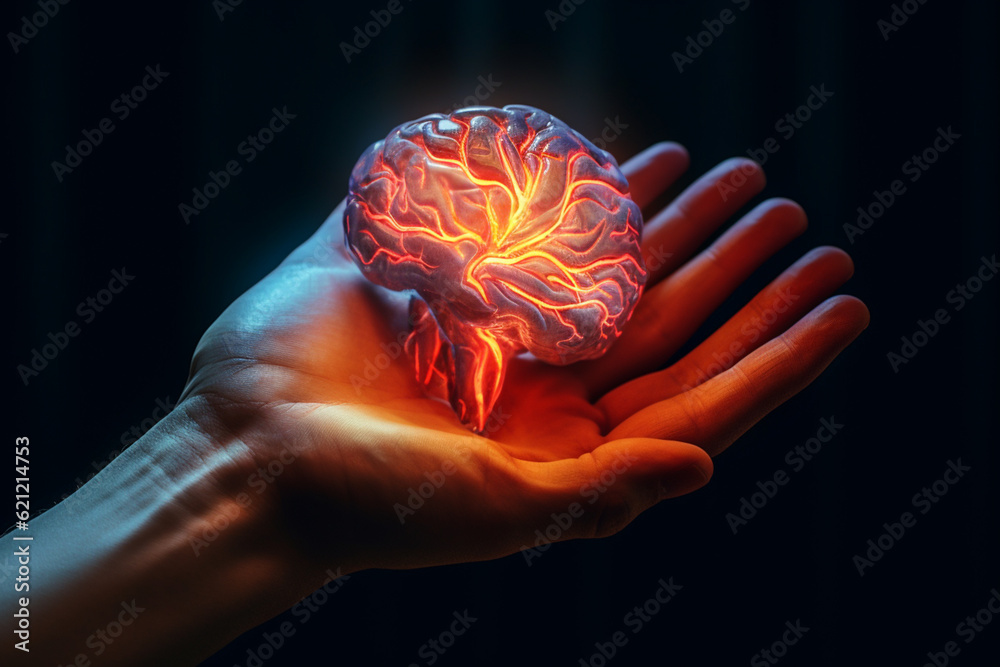 Poster an artistic representation of a hand with a glowing brain in its palm, symbolizing the power of thou