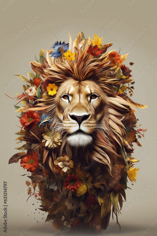 Aufkleber A conceptual image of a Lion made from unconventional materials, such as flowers or feathers, challenging the perception of Lions as solely utilitarian objects.  Generative AI technology.