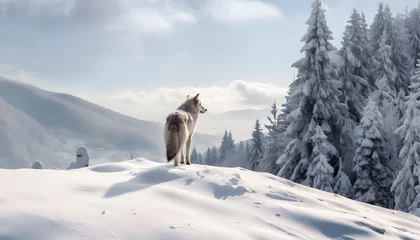 Schilderijen op glas a grey wolf stands in the snow  © wiizii
