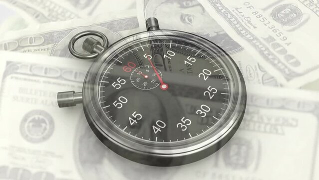 Animation of stop watch ticking over american dollar currency banknote