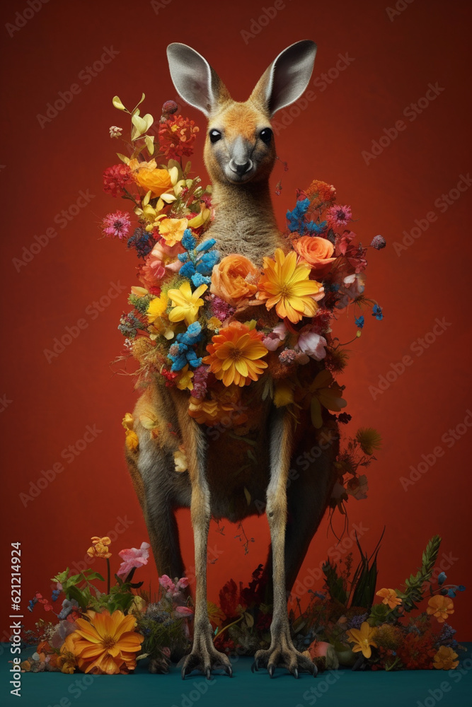 Fototapete A conceptual image of a Kangaroo made from unconventional materials, such as flowers or feathers, challenging the perception of Kangaroo as solely utilitarian objects.  Generative AI technology.