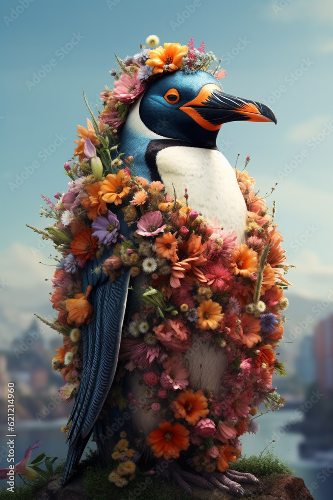Poster A conceptual image of a Penguin made from unconventional materials, such as flowers or feathers, challenging the perception of Penguin as solely utilitarian objects.  Generative AI technology.