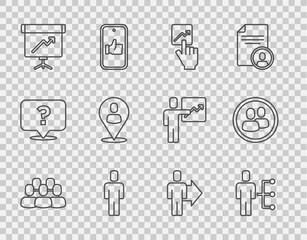 Set line Project team base, User of man in business suit, Team leader, Head hunting, Chalkboard with diagram, Worker location, and icon. Vector