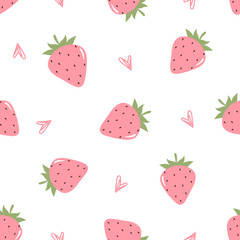 Seamless pattern of strawberry with green leaves and hand drawn hearts on white background vector illustration. Cute fruit print.
