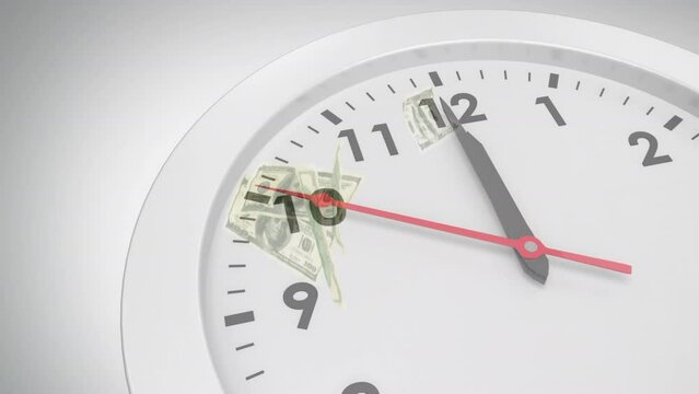 Animation of clock ticking over american dollar currency banknotes