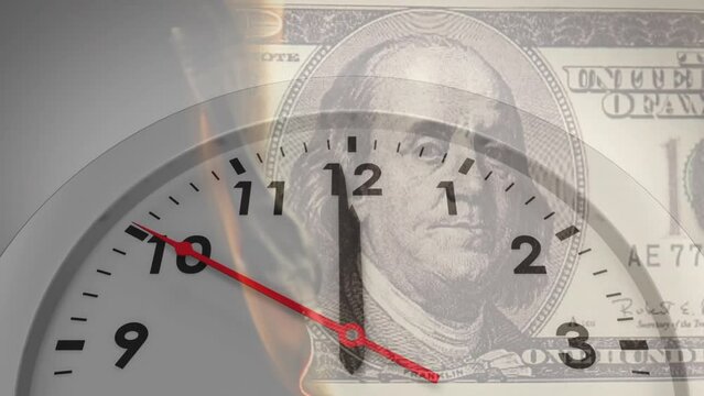 Animation of clock ticking over burning american dollar currency banknote