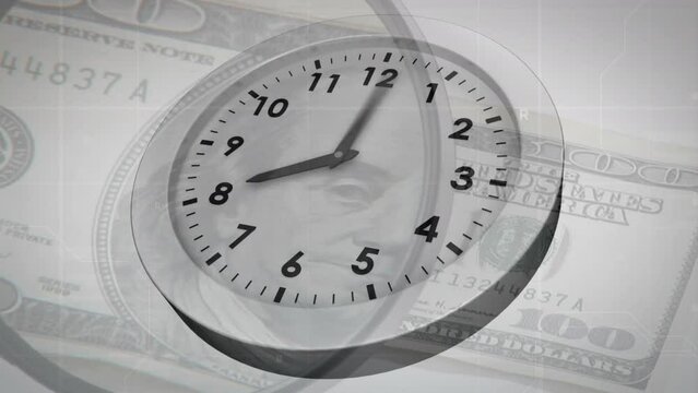 Animation of clock ticking and magnifying glass over american dollar currency banknote