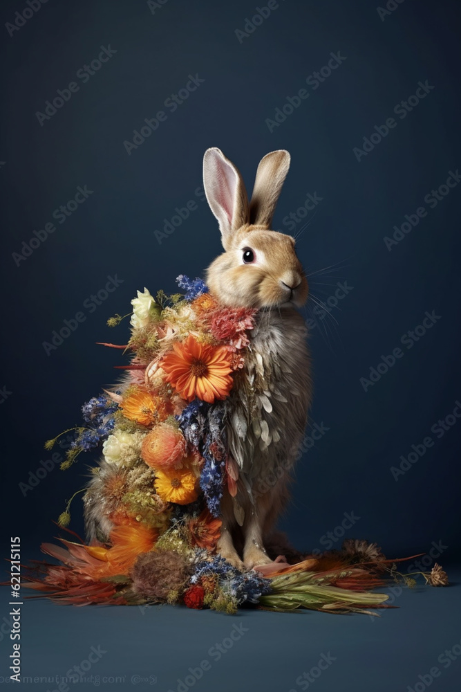 Poster A conceptual image of a Rabbit made from unconventional materials, such as flowers or feathers, challenging the perception of Rabbit as solely utilitarian objects.  Generative AI technology.