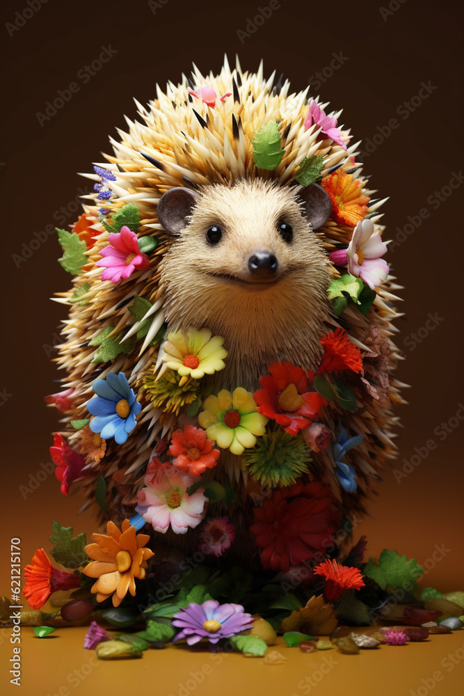 Poster a conceptual image of a hedgehog made from unconventional materials, such as flowers or feathers, ch