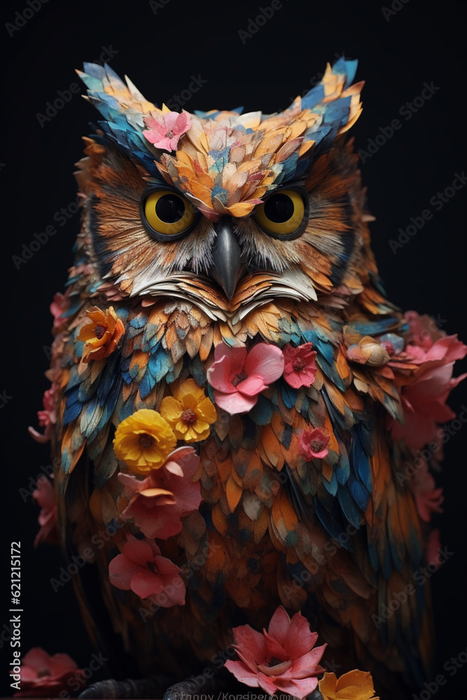 Fototapete A conceptual image of a Owl made from unconventional materials, such as flowers or feathers, challenging the perception of Owl as solely utilitarian objects.  Generative AI technology.