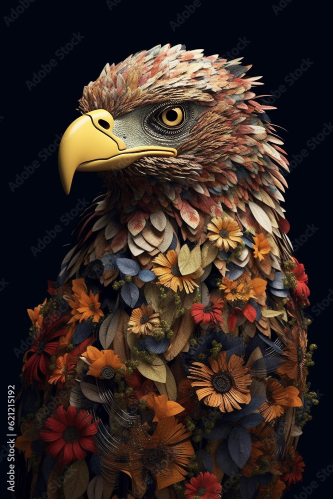 Poster a conceptual image of a eagle made from unconventional materials, such as flowers or feathers, chall