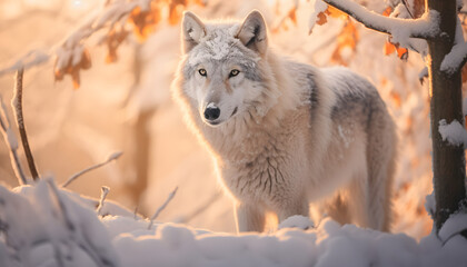 a grey wolf stands in the snow  - Powered by Adobe