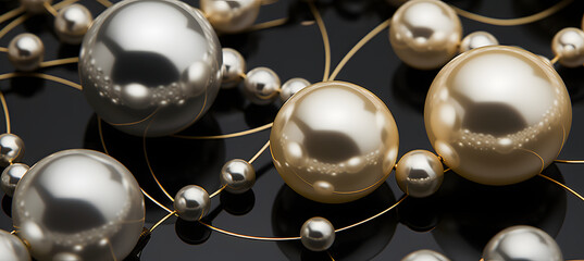 Symbol Hyphen of jewelry balls in black and yellow gold and pearls texture background, top view