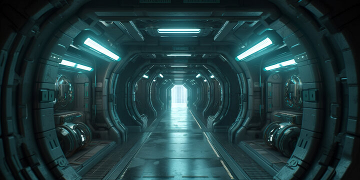 Interior of the big futuristic spaceship. A poster template for the fantastic science fiction book. Generative AI.