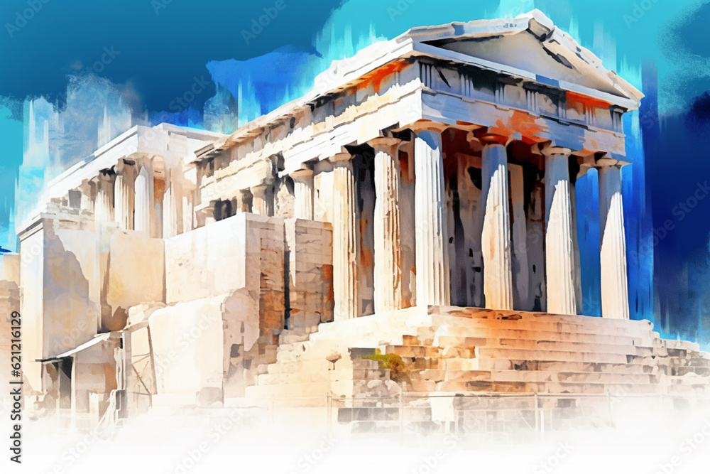 Poster An abstract depiction of the iconic Acropolis in Athens, with angular shapes and shades of white and blue.  Generative AI technology.