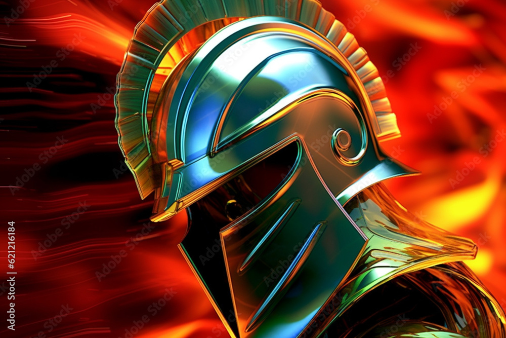 Aufkleber an abstract portrayal of a spartan helmet, with strong lines and metallic tones. generative ai techn