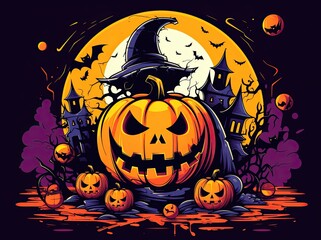 Fototapeta premium halloween holiday concept. Halloween decorations, pumpkins, bats, ghosts on orange background. Halloween party greeting card