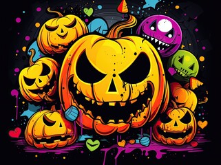 halloween holiday concept. Halloween decorations, pumpkins, bats, ghosts on orange background. Halloween party greeting card