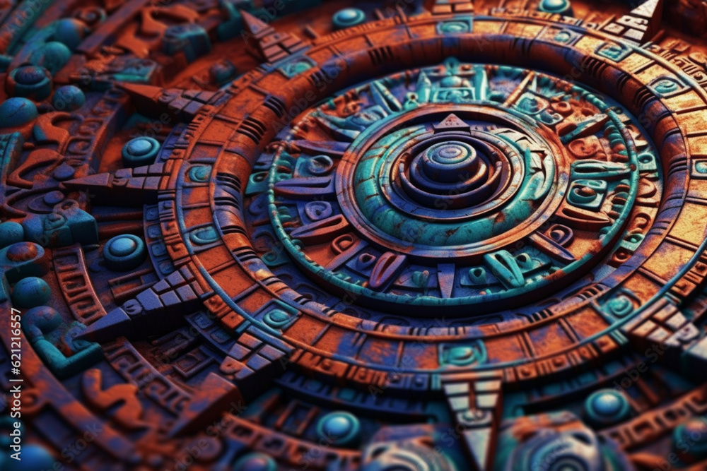 Poster An abstract portrayal of the Aztec calendar, with circular patterns and vibrant hues. Generative AI technology.