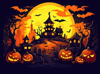 halloween holiday concept. Halloween decorations, pumpkins, bats, ghosts on orange background. Halloween party greeting card