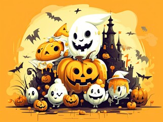 halloween holiday concept. Halloween decorations, pumpkins, bats, ghosts on orange background. Halloween party greeting card