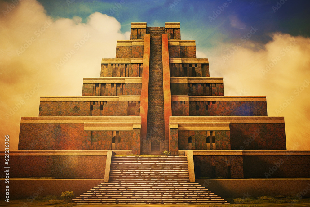 Aufkleber An abstract depiction of the Ziggurat of Ur, with geometric shapes and earthy tones.  Generative AI technology.