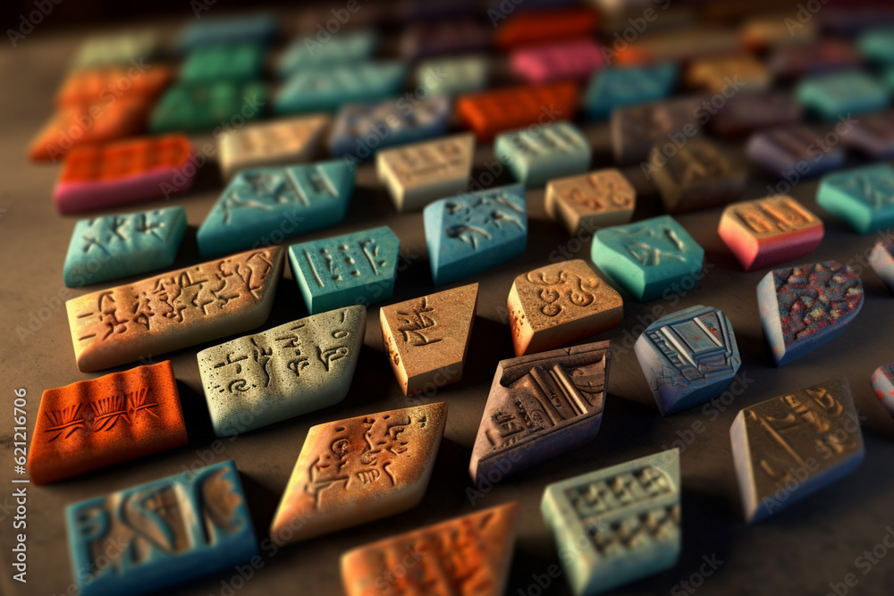 Aufkleber  An image showcasing abstract interpretations of cuneiform tablets, with stylized wedge-shaped symbols and a mix of warm and cool colors. Generative AI technology.