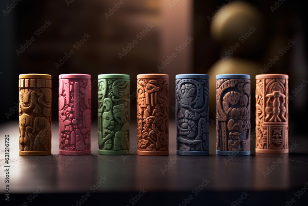 Poster an image showcasing abstract interpretations of cylinder seals, with intricate motifs and a warm col
