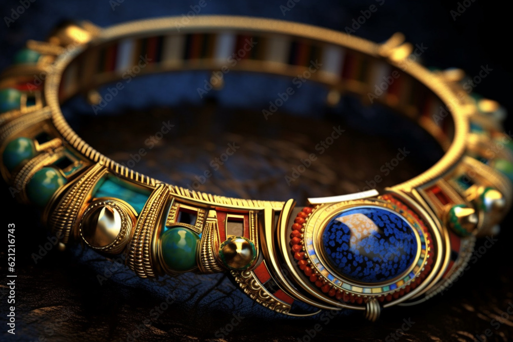 Poster an abstract depiction of mesopotamian jewelry, with intricate patterns and vibrant gemstone colors. 